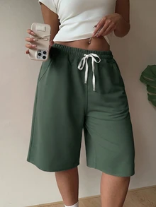 Muchica Plus Size Dark Green Casual Women Drawstring Waist Slant Pocket Shorts Summer - Olive Green - View 1