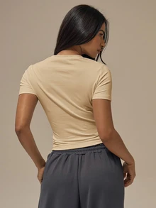 MUSERA ESSENTIALS Capped Sleeve Ruched T-Shirt Casual Cute Everyday Airport Holiday Back To School Elegant Spring Summer - Cream - View 4