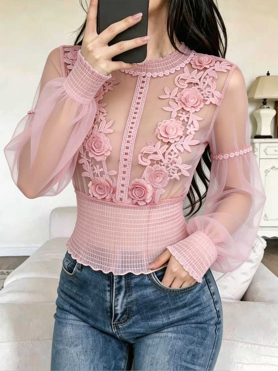 Seusyu Pink Floral Summer Elegant Party Niche Design 3D Patchwork Sheer Lantern Sleeve Fitted Cropped Top,Lace Blouses For Women Formal Wedding Girly Tops
