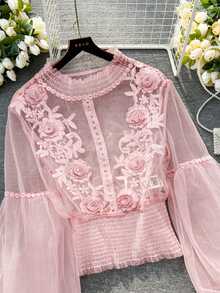 Seusyu Pink Floral Summer Elegant Party Niche Design 3D Patchwork Sheer Lantern Sleeve Fitted Cropped Top,Lace Blouses For Women Formal Wedding Girly Tops - Pink - View 9