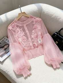 Seusyu Pink Floral Summer Elegant Party Niche Design 3D Patchwork Sheer Lantern Sleeve Fitted Cropped Top,Lace Blouses For Women Formal Wedding Girly Tops - Pink - View 5