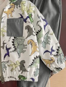 2pcs Baby Boy Cartoon Dinosaur Print Colorblock Hooded Lightweight Jacket & Solid Pants Set, Suitable For Spring, Summer, Autumn Outdoor Travel - Grey - View 3