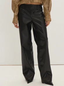 MUSEYN Black PU Straight Leg Low Waist Trousers Classic Versatile Timeless Everyday Office Fall New Season Capsule Wardrobe - Black - View 2