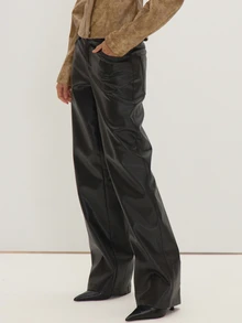 MUSEYN Black PU Straight Leg Low Waist Trousers Classic Versatile Timeless Everyday Office Fall New Season Capsule Wardrobe - Black - View 3