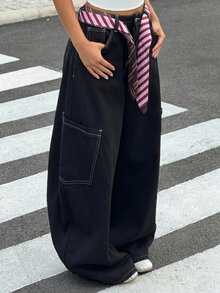 SHEIN 女童彩色條紋雙腰帶黑色丹寧寬鬆寬腿褲 - 黑色 - 查看 4