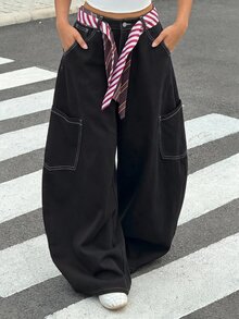 SHEIN 女童彩色條紋雙腰帶黑色丹寧寬鬆寬腿褲 - 黑色 - 查看 3