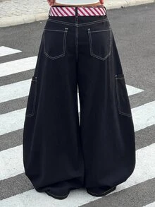 SHEIN 女童彩色條紋雙腰帶黑色丹寧寬鬆寬腿褲 - 黑色 - 查看 5