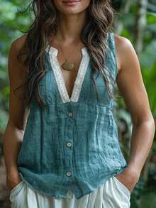 Zayélia Women's Notched Neck Sleeveless Casual Summer Tank Top - Blue - View 1