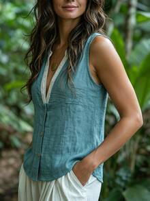 Zayélia Women's Notched Neck Sleeveless Casual Summer Tank Top - Blue - View 5
