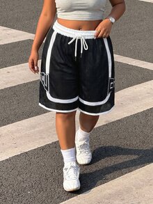 Muchica Plus Size Women's Numeric Print Drawstring Waist Loose Wide Leg Bermuda Shorts,Fall - Black - View 5