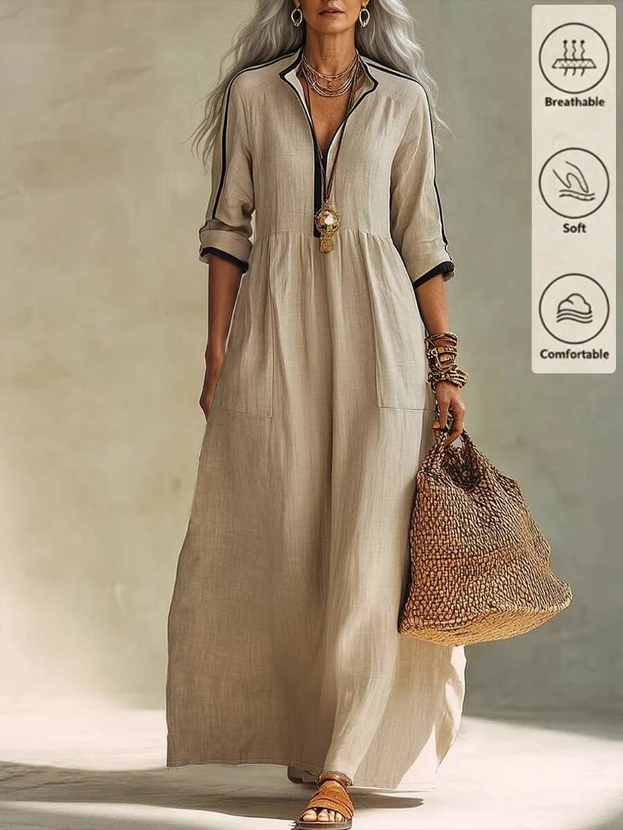 Zayélia Ladies Woven Leisure Holiday Autumn Long Dress - Apricot - View 1