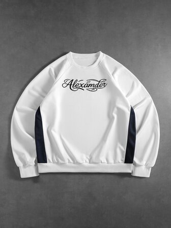 Street Life Sudadera de cuello redondo de manga larga con estampado de rayas de letras y bloques de color para hombre