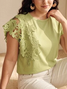 Anewsta Kaos Wanita Ukuran Besar Leher Bulat Lengan Pendek, Desain Patchwork Renda Bunga Satu Bahu, Potongan Longgar Kasual, Melangsingkan, Cocok Untuk Bepergian dan Beraktivitas di Luar Rumah - Hijau - View 4