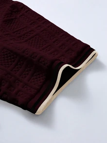 Manfinity Homme Men's Knitted Jacquard Textured Collar, Cuffs, Hem Ribbed 3-Button Polo Shirt, Formal - Burgundy - View 3