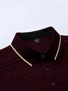 Manfinity Homme Men's Knitted Jacquard Textured Collar, Cuffs, Hem Ribbed 3-Button Polo Shirt, Formal - Burgundy - View 7