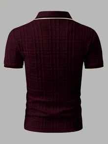 Manfinity Homme Men's Knitted Jacquard Textured Collar, Cuffs, Hem Ribbed 3-Button Polo Shirt, Formal - Burgundy - View 2