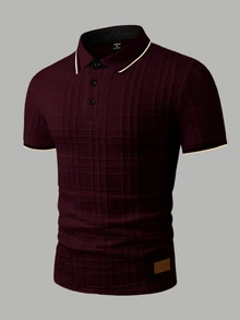 Manfinity Homme Men's Knitted Jacquard Textured Collar, Cuffs, Hem Ribbed 3-Button Polo Shirt, Formal - Burgundy - View 6