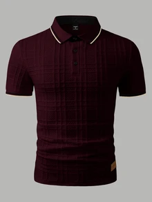 Manfinity Homme Men's Knitted Jacquard Textured Collar, Cuffs, Hem Ribbed 3-Button Polo Shirt, Formal - Burgundy - View 5