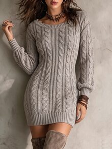 Glimmora Women's Versatile Cable Knit Long Sleeve Sweater Dress - Grey - View 2