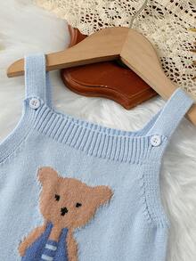 SHEIN Baby Boys Knit Romper, Cute Blue, Jacquard Bear Pattern, Soft & Versatile. Great For Fall Winter, Trips, Vacations, Preschool & Christmas Parties. - Blue - View 8