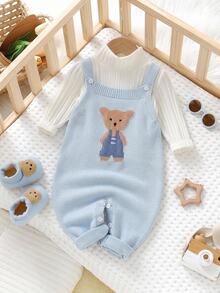SHEIN Baby Boys Knit Romper, Cute Blue, Jacquard Bear Pattern, Soft & Versatile. Great For Fall Winter, Trips, Vacations, Preschool & Christmas Parties. - Blue - View 9