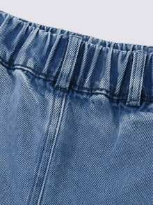SHEIN Elladie kids 女童高腰櫻桃刺繡寬腿牛仔褲復古風丹寧長褲，適合春夏秋季校園穿著與操場活動，小女孩街頭風造型 - 藍色 - 查看 9