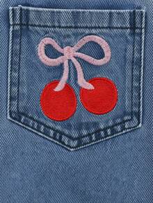 SHEIN Elladie kids 女童高腰櫻桃刺繡寬腿牛仔褲復古風丹寧長褲，適合春夏秋季校園穿著與操場活動，小女孩街頭風造型 - 藍色 - 查看 7