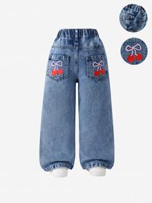 SHEIN Elladie kids 女童高腰櫻桃刺繡寬腿牛仔褲復古風丹寧長褲，適合春夏秋季校園穿著與操場活動，小女孩街頭風造型 - 藍色 - 查看 2