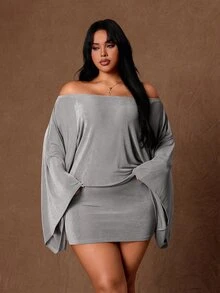 Rustia Gaun Bodycon Lengan Terompet Bahu Terbuka Plus Gaun Koktail Malam Musim Gugur Abu-abu Elegan Seksi - Grey - View 2
