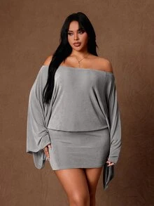 Rustia Gaun Bodycon Lengan Terompet Bahu Terbuka Plus Gaun Koktail Malam Musim Gugur Abu-abu Elegan Seksi - Grey - View 7