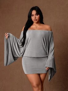 Rustia Gaun Bodycon Lengan Terompet Bahu Terbuka Plus Gaun Koktail Malam Musim Gugur Abu-abu Elegan Seksi - Grey - View 6