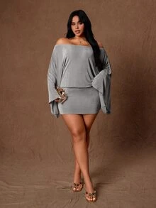 Rustia Gaun Bodycon Lengan Terompet Bahu Terbuka Plus Gaun Koktail Malam Musim Gugur Abu-abu Elegan Seksi - Grey - View 5