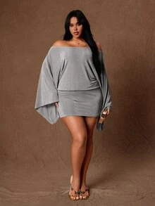 Rustia Gaun Bodycon Lengan Terompet Bahu Terbuka Plus Gaun Koktail Malam Musim Gugur Abu-abu Elegan Seksi - Grey - View 8