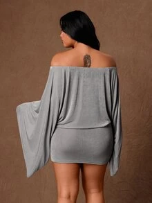 Rustia Gaun Bodycon Lengan Terompet Bahu Terbuka Plus Gaun Koktail Malam Musim Gugur Abu-abu Elegan Seksi - Grey - View 4