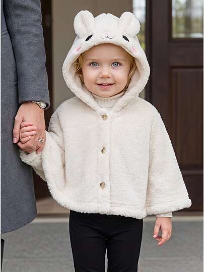 SHEIN Baby Girl Fuzzy Hooded Cape With Rabbit Ears, Embroidered Exquisite Casual Cute Outdoor Cold-Proof Jacket Cape