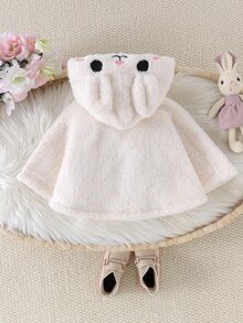 SHEIN 女嬰毛茸茸兔耳連帽披肩外套，刺繡精緻休閒可愛戶外防寒夾克披肩 - 白色 - 查看 3