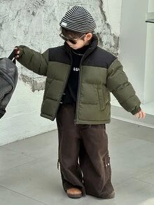 Dazy Kids Áo khoác có mũ phối màu tương phản dành cho bé trai, kiểu dáng thường ngày, có lớp lót. - màu xanh lá - Xem 4