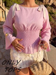 SHEIN MOD Plus Size French Style Bow Tie Tie-Up Ruffle Hem Blouse Fall - Baby Pink - View 3
