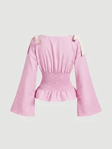 SHEIN MOD Plus Size French Style Bow Tie Tie-Up Ruffle Hem Blouse Fall - Baby Pink - View 5