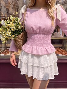 SHEIN MOD Plus Size French Style Bow Tie Tie-Up Ruffle Hem Blouse Fall - Baby Pink - View 2