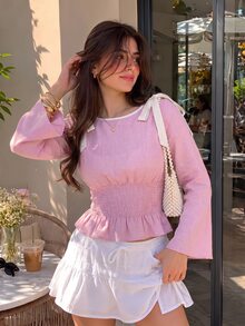 SHEIN MOD Plus Size French Style Bow Tie Tie-Up Ruffle Hem Blouse Fall - Baby Pink - View 4