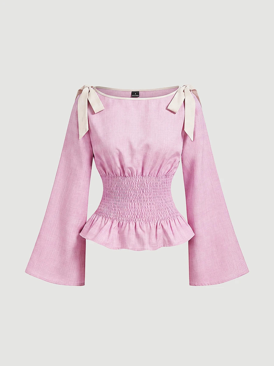 SHEIN MOD Plus Size French Style Bow Tie Tie-Up Ruffle Hem Blouse Fall - Baby Pink - View 1