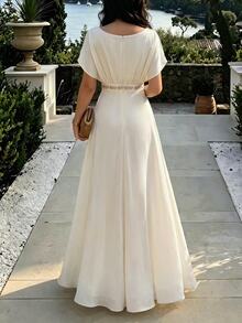 Velvienne Plus Size Off-White Heavy Embroidery Chiffon Dress, V-Neck Waist-Defining Slimming Vacation Style Elegant Dress - Apricot - View 2