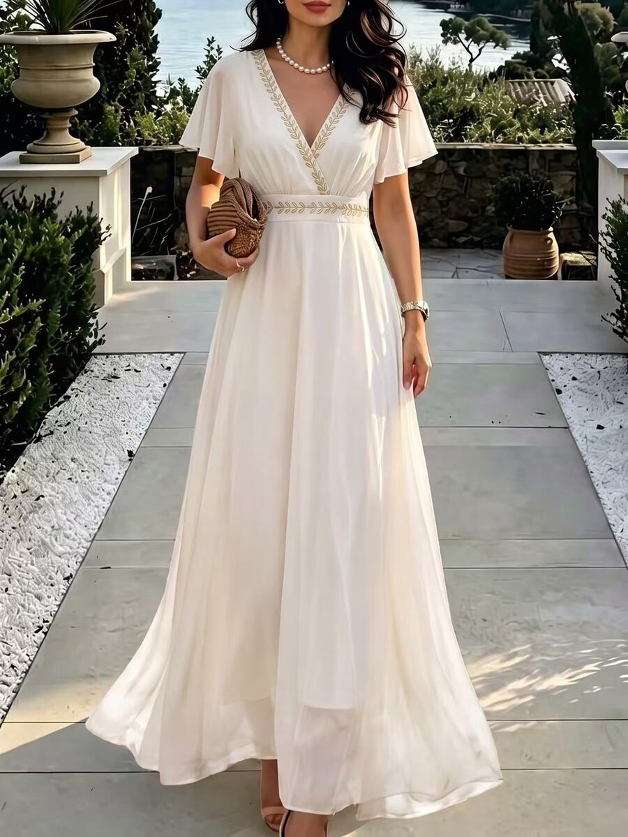 Velvienne Plus Size Off-White Heavy Embroidery Chiffon Dress, V-Neck Waist-Defining Slimming Vacation Style Elegant Dress - Apricot - View 1