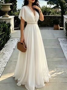 Velvienne Plus Size Off-White Heavy Embroidery Chiffon Dress, V-Neck Waist-Defining Slimming Vacation Style Elegant Dress - Apricot - View 3