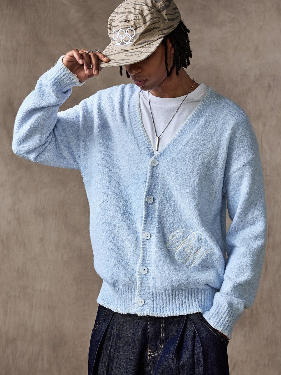 ROMWE MEN Street Life Men's Solid Color Single-Breasted Casual Versatile Daily Wear Cardigan - Blue - View 1
