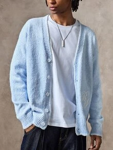 ROMWE MEN Street Life Men's Solid Color Single-Breasted Casual Versatile Daily Wear Cardigan - Blue - View 4