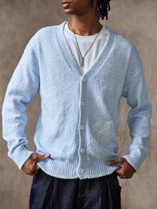 ROMWE MEN Street Life Men's Solid Color Single-Breasted Casual Versatile Daily Wear Cardigan - Blue - View 5