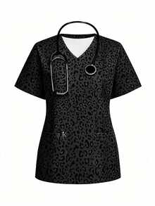 PopScrub Casual Minimalist Scrub Scrub Uniform Top With Contrast Color Vintage Leopard Print Pattern, Suitable For Work Commute, Pet Hospital - Multicolor - View 6