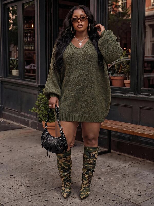 Slaydiva Plus Size Autumn/Winter Casual Solid Color Knit Dress